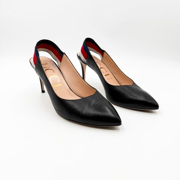 Gucci Sylvie Pumps Web Stripe Black Leather Slingback Heels Size 40, 10 - Picture 2 of 14